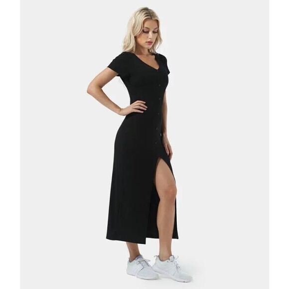 Halara Ribbed Knit V Neck Button Split Midi Chill Dress - Picture 1 of 5